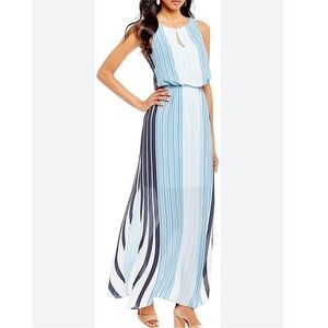 NWT Adrianna Papell Blue Mixed Stripe Maxi Dress High Neck Side Slits Size 8